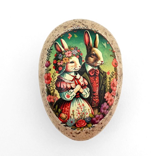 4-1/2" Folkloric Bunnies Speckled Egg Paper Mache Easter Egg Box ~ Germany